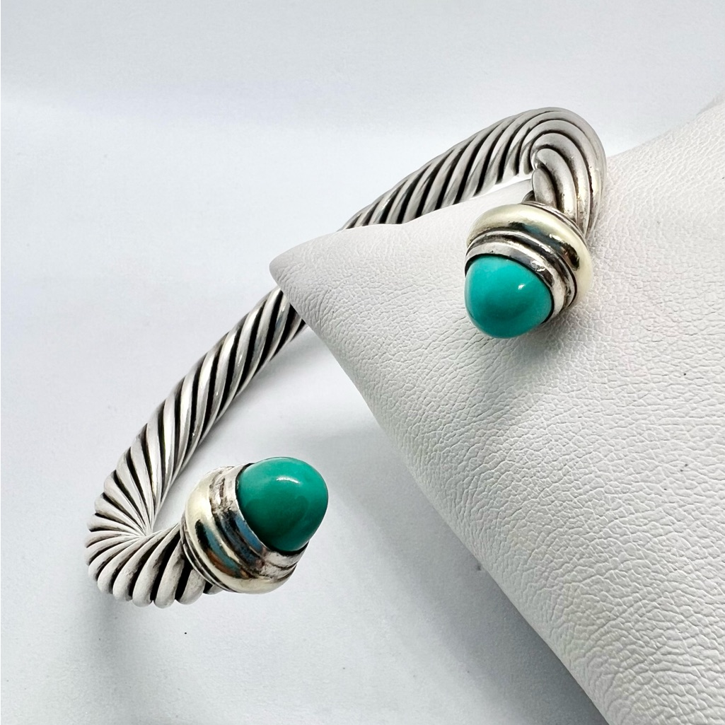 David Yurman Sterling Silver, 14k Gold And Turquoise Cable Bracelet